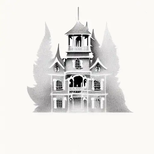 haunted house with picket fence and two swings tattoo design idea