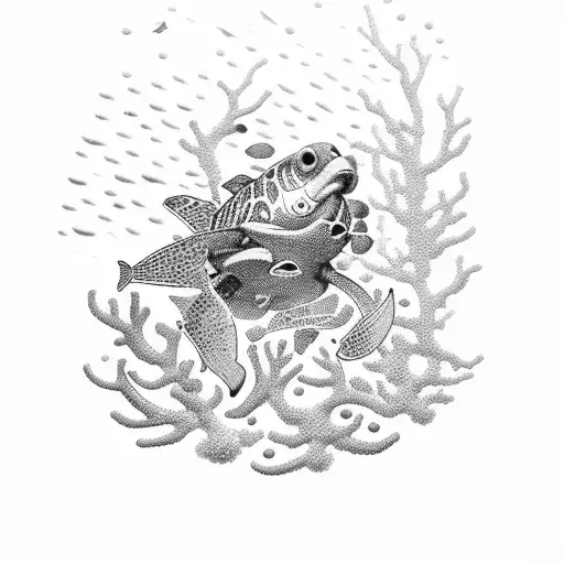 A dotwork tattoo of a scuba diver exploring a vibrant coral reef filled with marine life tattoo design idea