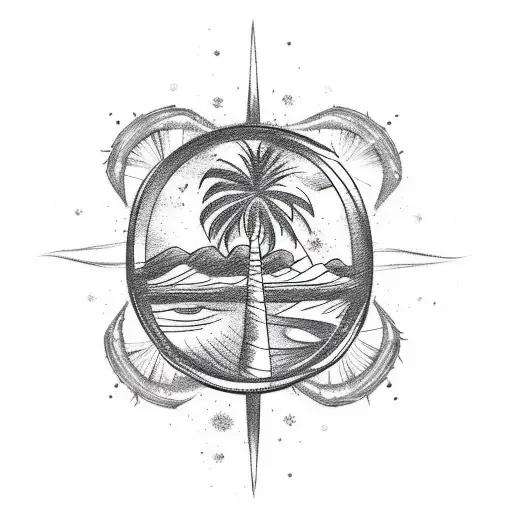 A sketch style tattoo of a palm tree on a sandy beach with a hidden compass design tattoo design idea