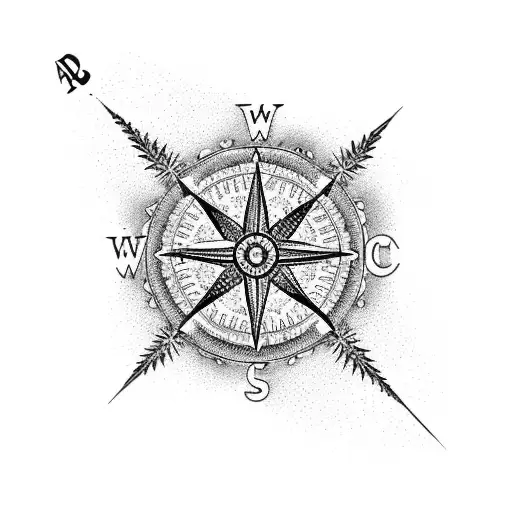 A detailed blackwork tattoo of a compass surrounded by palm trees and coral reef tattoo design idea