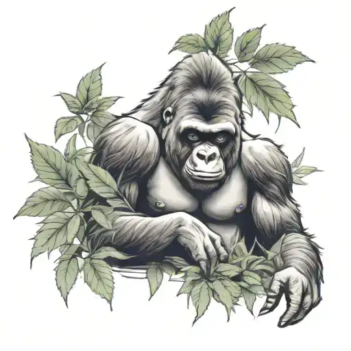 gorilla in a forest of cannabis plants playing with glue tattoo design idea