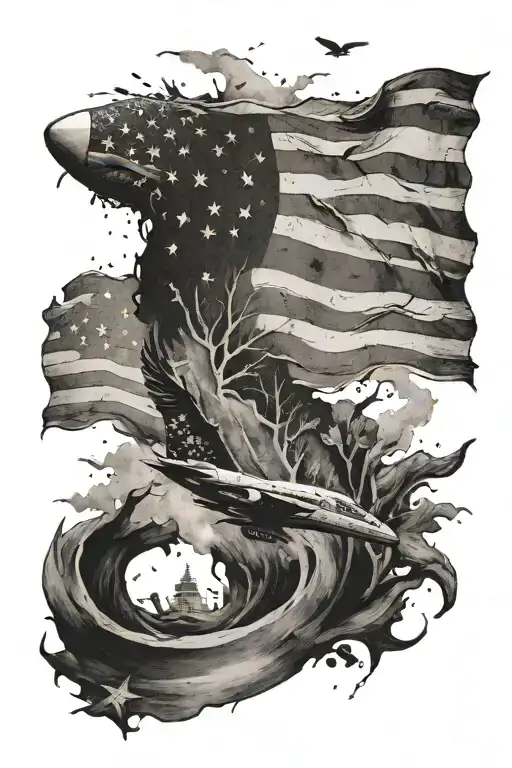 nature, weathered American flag, jet flying tattoo design idea