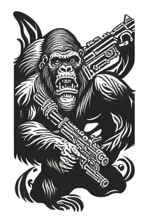 gorilla holding a shotgun upward surrounded tattoo design idea