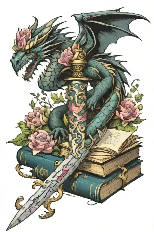 sword dragon, books, flowers wrapped tattoo design idea