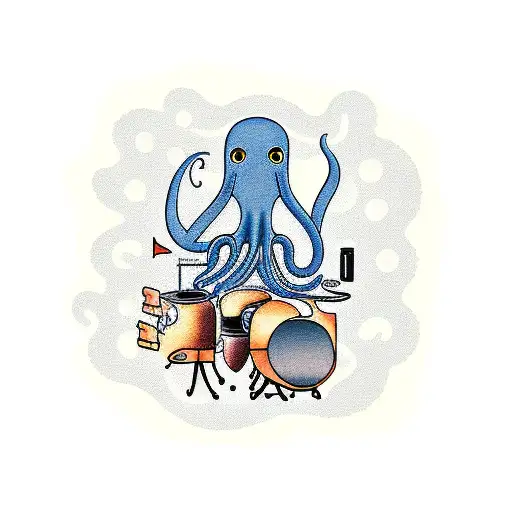 Octopus doing a kit of tasks, surfing in the internet, cooking, playing a guitar, playing drums   tattoo design idea