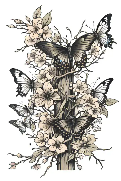 barbed wire wrapped around cherry blossoms with falling pedals and butterflies flying out of it tattoo design idea