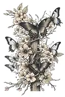 barbed wire wrapped around cherry blossoms with falling pedals and butterflies flying out of it tattoo design idea