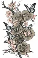 barbed wire wrapped around cherry blossoms with falling pedals and butterflies flying out of it tattoo design idea