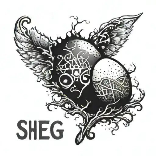 A cracking egg with the word "Sheg" on it tattoo design idea