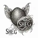A cracking egg with the word "Sheg" on it tattoo design idea