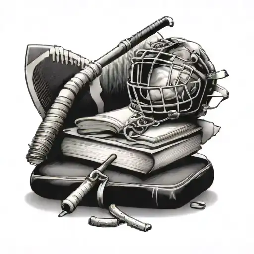 Incorporate a stack of books into a tattoo design with subtle football and hockey elements tattoo design idea