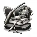 Incorporate a stack of books into a tattoo design with subtle football and hockey elements tattoo design idea