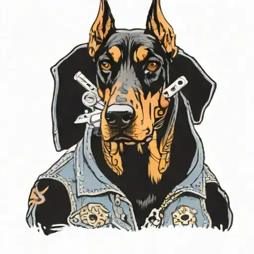 Doberman standing in denim biker jacket holding a Glock and really ruff looking  tattoo design idea