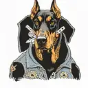 Doberman standing in denim biker jacket holding a Glock and really ruff looking  tattoo design idea