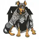 Doberman standing in denim biker jacket holding a Glock and really ruff looking  tattoo design idea