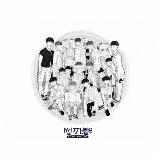 A sketch-style tattoo of Seventeen Kpop members surrounded by musical instruments tattoo design idea