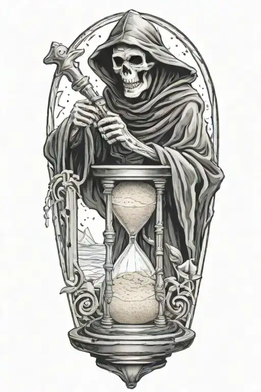 grim reaper sprinkling sand into an hourglass tattoo design idea