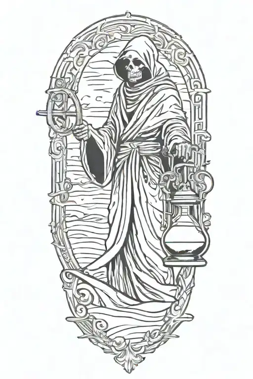 grim reaper holding an hourglass with swirling sand and a scyth tattoo design idea