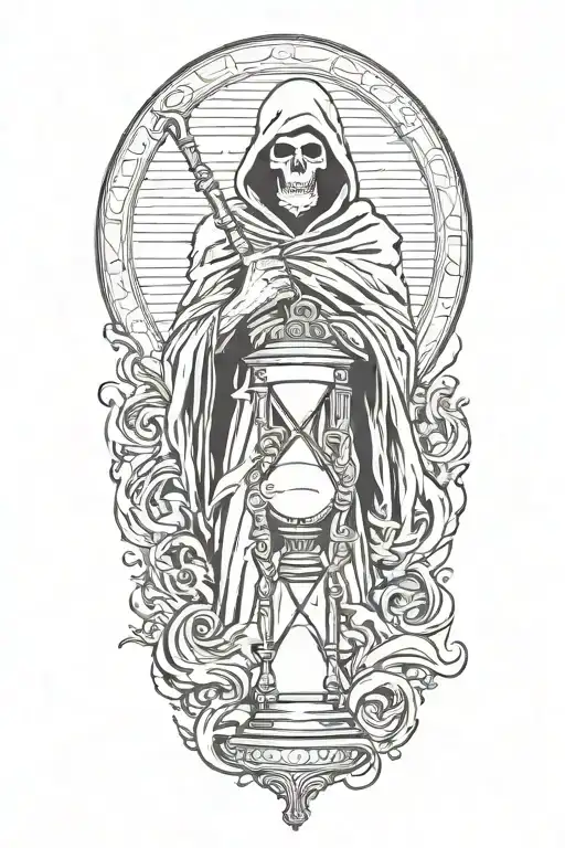 grim reaper holding an hourglass with swirling sand tattoo design idea