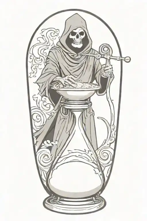 grim reaper sprinkling sand into an hourglass filled with swirling tattoo design idea