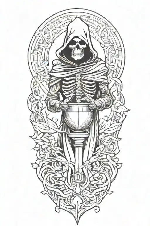 grim reaper holding an hourglass with swirling sand tattoo design idea