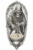 grim reaper sprinkling sand into an hourglass tattoo design idea
