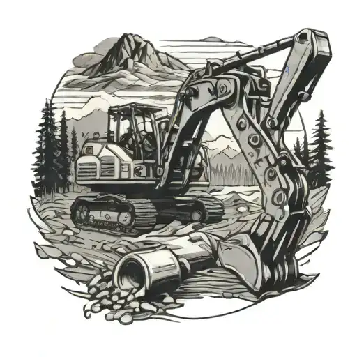 Excavation machinery with Oregon scenery in the background tattoo design idea