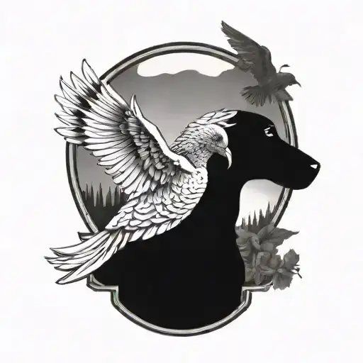 draft horse shoe and morning dove perched with black lab and truck tattoo design idea