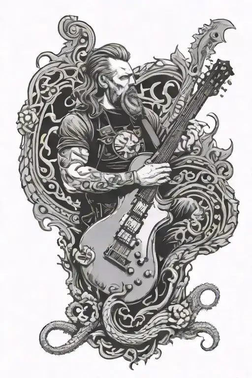 James hetfield playing explorer guitar looking out to kthulu rising from the sea tattoo design idea