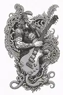 James hetfield playing explorer guitar looking out to kthulu rising from the sea tattoo design idea
