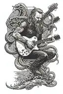 James hetfield playing explorer guitar looking out to kthulu rising from the sea tattoo design idea