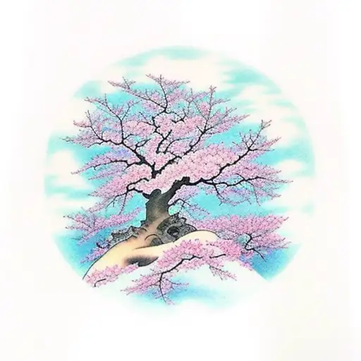 Path of cherry blossom trees leading up to a heavenly sky tattoo design idea