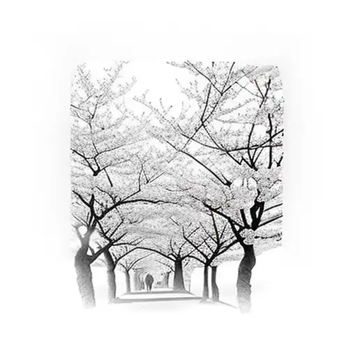 Path of cherry blossom trees leading up to a heavenly sky tattoo design idea