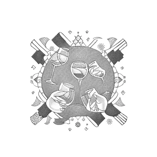 A blackwork design featuring a group of friends raising their glasses in a toast, surrounded by intricate patterns representing our shared memories tattoo design idea