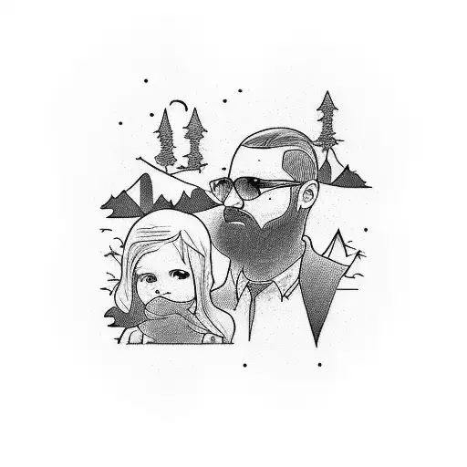 Tatuaje de padre e hija caminando por 2 caminos  separados y cada camino terminando en montañas diferentes tattoo design idea