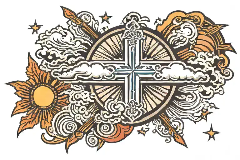 cross and clouds and sun rays tattoo design idea