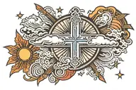 cross and clouds and sun rays tattoo design idea