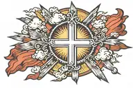 cross and clouds and sun rays tattoo design idea