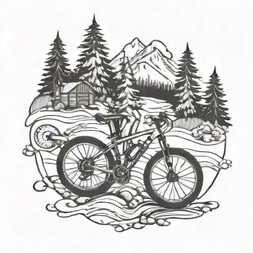 moutnains and trees and bike racing tattoo design idea