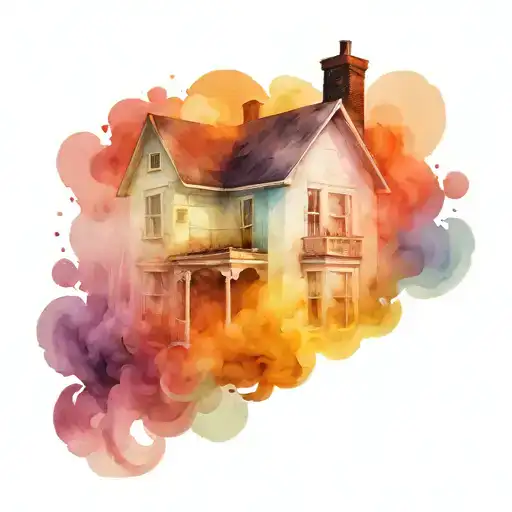 black-and-white house with smoke coming out of the chimney with the rainbow colors tattoo design idea