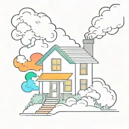 black-and-white house with smoke coming out of the chimney with the rainbow colors tattoo design idea
