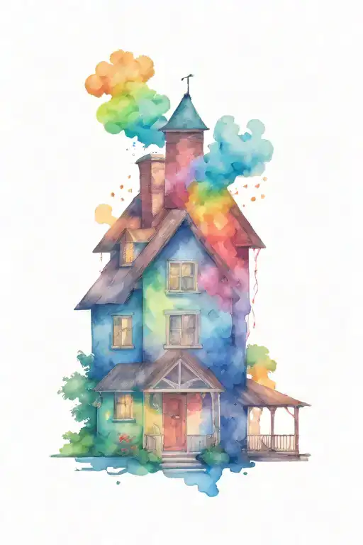 house with a rainbow smoke coming from the chimney  tattoo design idea