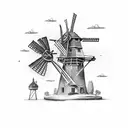 traditional windmill with a wren flying next to, close enough that you can see it is a wren tattoo design idea