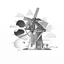 traditional windmill with a wren flying next to, close enough that you can see it is a wren tattoo design idea