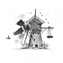 traditional windmill with a wren flying next to, close enough that you can see it is a wren tattoo design idea