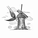 traditional windmill with a wren flying next to, close enough that you can see it is a wren tattoo design idea