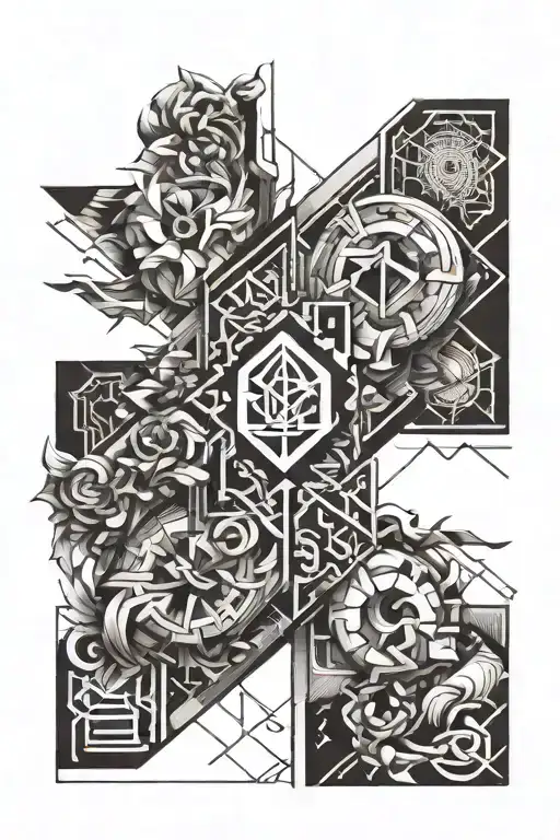 Incorporate the initials of close friends and family members into a geometric pattern inspired by the movements of different fighting styles, symbolizing unity and support tattoo design idea