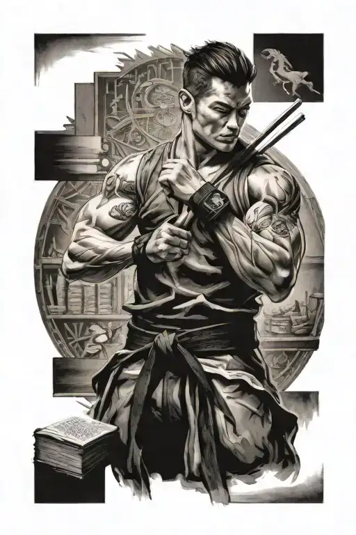 Create a tattoo featuring a student holding a book and wearing a black belt in a martial art, representing the balance between academics and physical discipline tattoo design idea