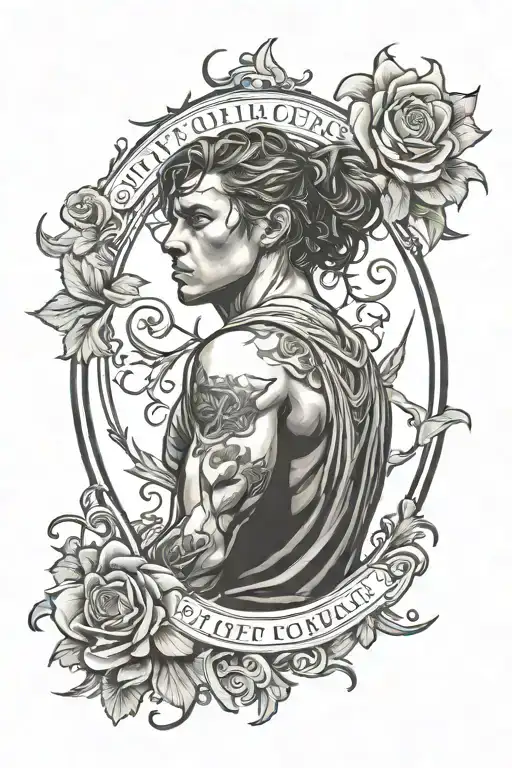 Create a tattoo of a student in a fighting stance surrounded by silhouettes of friends and family members in a supportive circle, representing the strength gained from loved ones tattoo design idea
