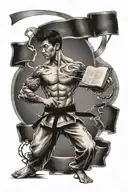 Create a tattoo featuring a student holding a book and wearing a black belt in a martial art, representing the balance between academics and physical discipline tattoo design idea